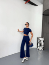 Osy Modal Yumuşak Dokulu Kumaş Kısa Kollu Crop Alt Ispanyol Paça Pantalon Ikili Takım - Lacivert