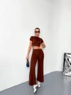 Osy Modal Yumuşak Dokulu Kumaş Kısa Kollu Crop Alt Ispanyol Paça Pantalon Ikili Takım - Kahverengi