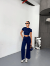 Osy Modal Yumuşak Dokulu Kumaş Kısa Kollu Crop Alt Ispanyol Paça Pantalon Ikili Takım - Lacivert