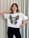 Oversize Beyaz Baskılı Crop Tişört