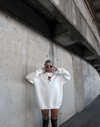 Oversize Üç İplik Bisiklet Yaka Baskılı Sweatshirt - Beyaz