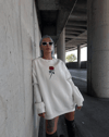 Oversize Üç İplik Bisiklet Yaka Baskılı Sweatshirt - Beyaz