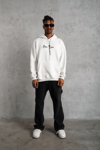 Oversize Üç İplik Şardonlu Kapüşonlu Sweatshirt – Beyaz “other Lives” Ön Ve Arka Baskılı, Kanguru Cepli, Ribanalı Rahat Kışlık Model Beyaz