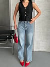 Palazzo Straight Kar Yıkama Jeans Pantolon Mavi D2008