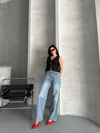 Palazzo Straight Kar Yıkama Jeans Pantolon Mavi D2008