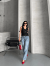 Palazzo Straight Kar Yıkama Jeans Pantolon Mavi D2008