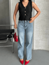 Palazzo Straight Kar Yıkama Jeans Pantolon Mavi D2008