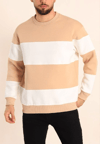 Parçalı Bisiklet Yaka Baskılı Sweatshirt - Bej