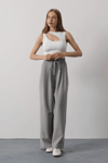 Pileli Bağcıklı Oversize Pantolon - Gri