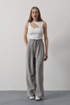 Pileli Bağcıklı Oversize Pantolon - Gri