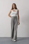 Pileli Bağcıklı Oversize Pantolon - Gri
