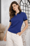 Polo Yaka Çizgili Tişört Kısa Kol Düğmeli Yazlık T-shirt - Saks Mavisi