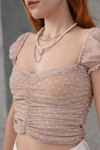 Puantiyeli Belden Oturtmalı Tül Krem Bluz