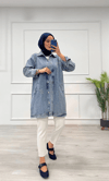 Taşlı Tunik Ceket Kar Yıkamalı Mavi D2516