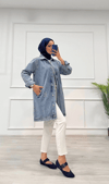 Taşlı Tunik Ceket Kar Yıkamalı Mavi D2516