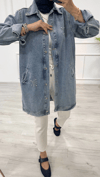 Taşlı Tunik Ceket Kar Yıkamalı Mavi D2516