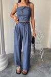 Tencel Crop Askılı Bluz - Şalvar Pantolon Tk - İndigo