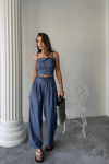 Tencel Crop Askılı Bluz - Şalvar Pantolon Tk - İndigo