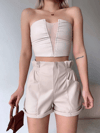 Tüllü Deri Crop Bej W24615