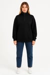 Üç İplik Dık Yaka Yarım Fermuarlı Sweatshirt - Siyah