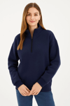 Üç İplik Dık Yaka Yarım Fermuarlı Sweatshirt - Lacivert