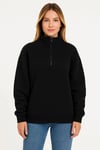 Üç İplik Dık Yaka Yarım Fermuarlı Sweatshirt - Siyah