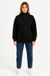 Üç İplik Dık Yaka Yarım Fermuarlı Sweatshirt - Siyah