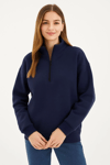 Üç İplik Dık Yaka Yarım Fermuarlı Sweatshirt - Lacivert