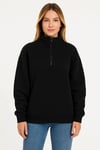 Üç İplik Dık Yaka Yarım Fermuarlı Sweatshirt - Siyah