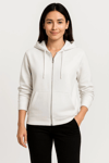 Üç İplik Kapüşonlu Tam Fermuarlı Kanguru Çepli Sweatshirt Hoodie - Beyaz