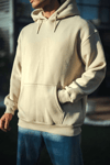 Üç İplik Penye Kapşonlu Basic Sweatshirt - Bej