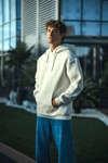 Üç İplik Penye Kapşonlu Basic Sweatshirt - Beyaz
