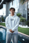 Üç İplik Penye Kapşonlu Baskılı Sweatshirt - Beyaz