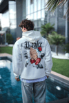 Üç İplik Penye Kapşonlu Baskılı Sweatshirt - Beyaz