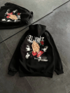 Üç İplik Penye Uzun Kol Kapşonlu Baskılı Sweatshirt - Siyah