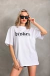 Unisex Baskılı Oversize T-shirt - Beyaz