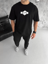 Unisex Bisiklet Yaka Baskılı Double Oversize T-shirt - Siyah