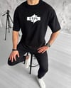 Unisex Bisiklet Yaka Baskılı Double Oversize T-shirt - Siyah