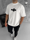 Unisex Bisiklet Yaka Baskılı Double Oversize T-shirt - Beyaz