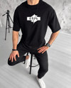 Unisex Bisiklet Yaka Baskılı Double Oversize T-shirt - Siyah