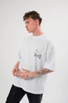 Unisex Bisiklet Yaka Baskılı Oversize T-shirt - Beyaz