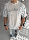 Unisex Bisiklet Yaka Baskılı Oversize T-shirt - Beyaz