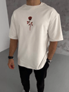 Unisex Bisiklet Yaka Baskılı Oversize T-shirt - Beyaz
