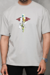 Unisex Bisiklet Yaka Baskılı Oversize T-shirt - Gri