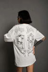 Unisex Bisiklet Yaka Baskılı Oversize T-shirt - Beyaz