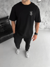 Unisex Bisiklet Yaka Baskılı Oversize T-shirt - Siyah