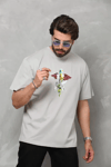 Unisex Bisiklet Yaka Baskılı Oversize T-shirt - Gri