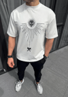Unisex Bisiklet Yaka Baskılı Oversize T-shirt - Beyaz