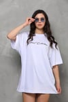 Unisex Bisiklet Yaka Baskılı Oversize T-shirt - Beyaz