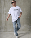 Unisex Bisiklet Yaka Baskılı Oversize T-shirt - Beyaz